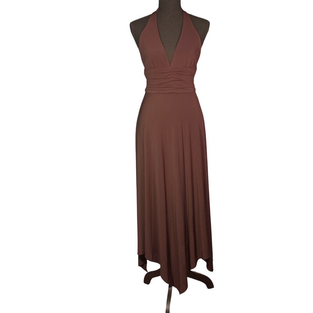 BCBG Max Azria Women's Brown Maxi Halter Dress Handkerchief Asymmetrical Hem SM